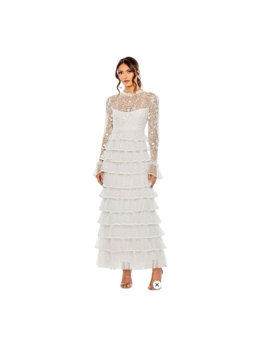Mac Duggal Pearl White Layered Lace High Neck Tiered Dress Size 10